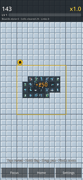 A cascade clearing connected cells across Minesweeper boards.