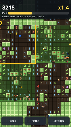 Moss-green Forest theme showing connected Minesweeper boards.