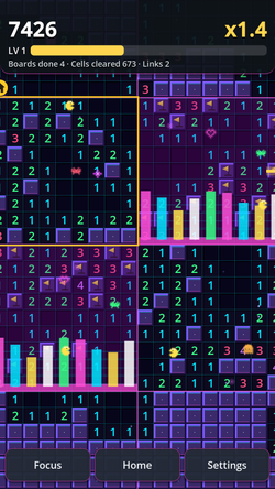 Neon theme gameplay with bright cells on a dark field.