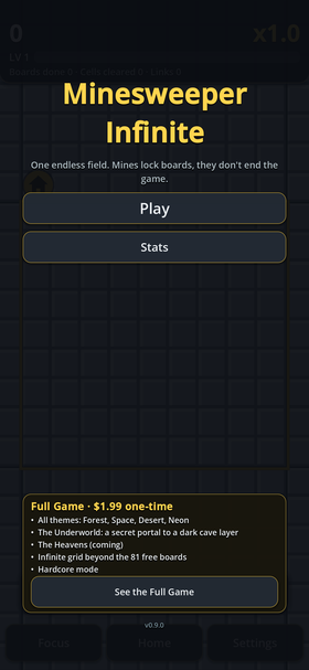 Minesweeper Infinite title screen with Play, Stats and the one-time Full Game offer.