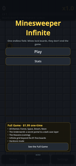 Minesweeper Infinite title screen with Play, Stats and the one-time Full Game offer.