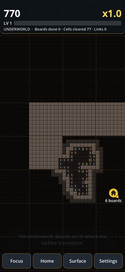 A dark subterranean field with illuminated Minesweeper cells.