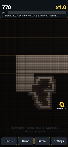 A dark subterranean field with illuminated Minesweeper cells.
